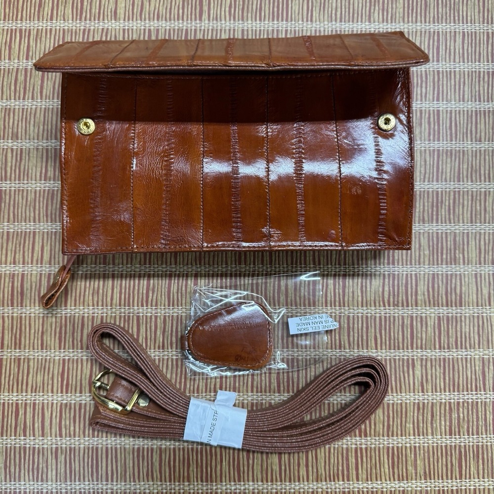 New VTG Brown Eel Skin Organizer Wallet To Crossbody Mini Purse Lee Sands 8.5 X5 - Picture 2 of 8